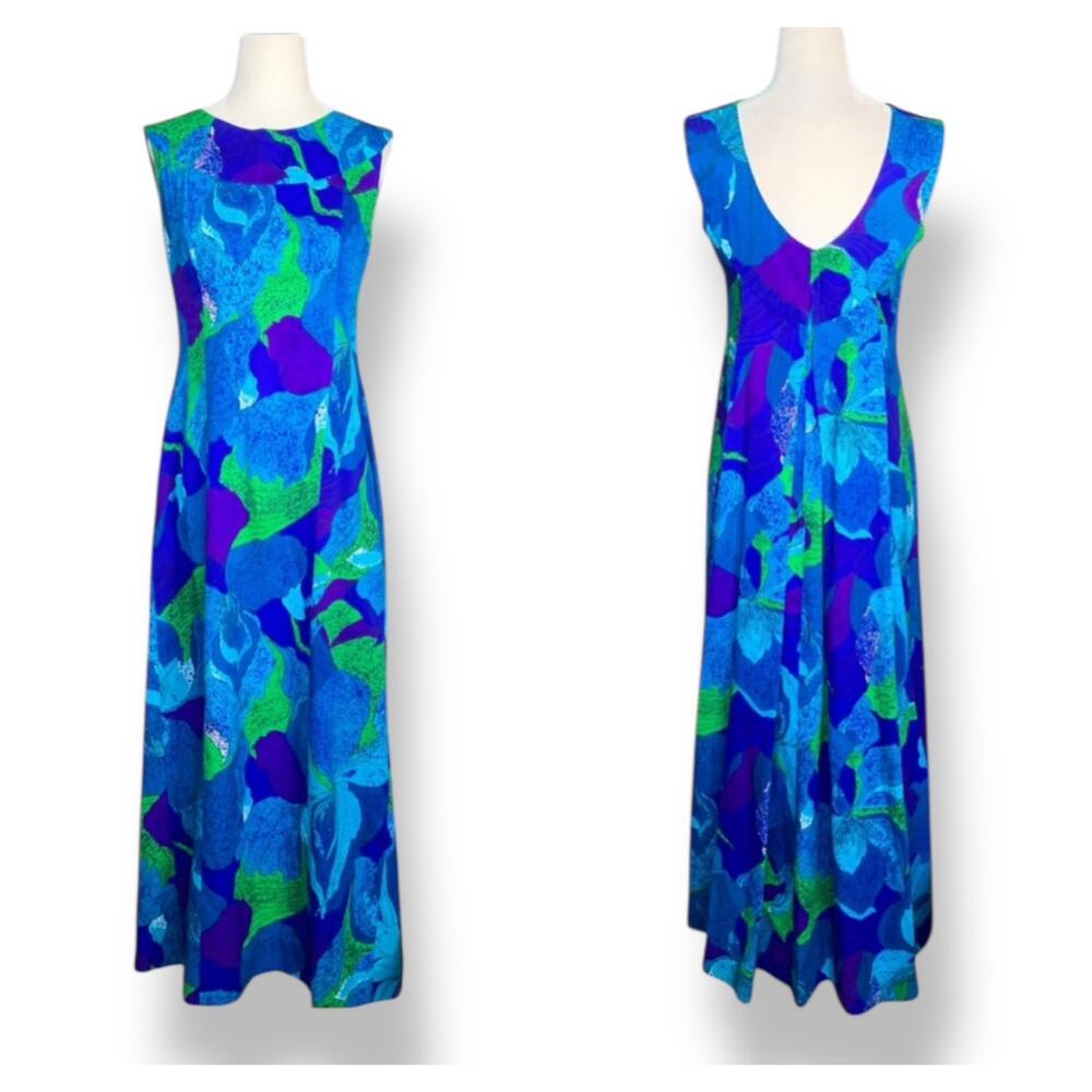 Vintage Hawaiian Abstract Floral Maxi Dress Blue Purple Green Small Tropical